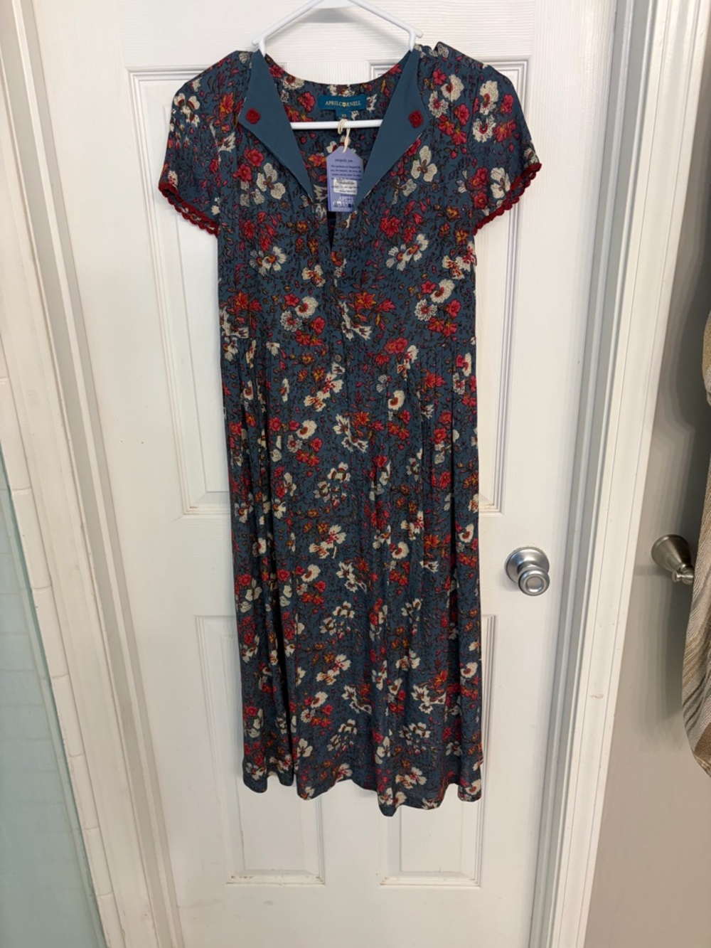April Cornell Teal Blue Floral Maxi Dress with Red Trim